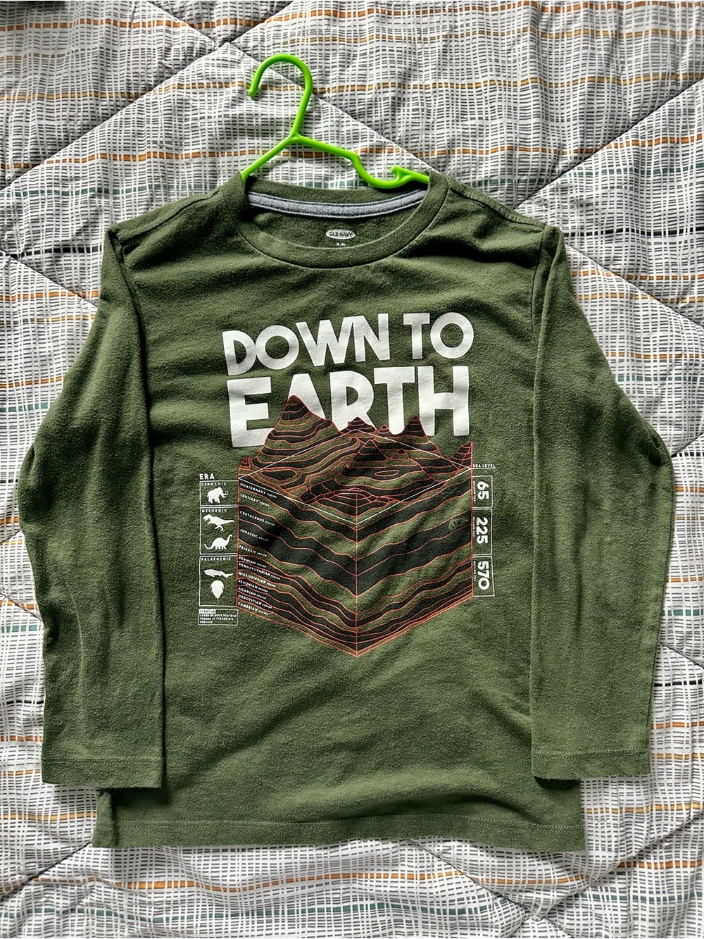 Old Navy Olive Green Long-Sleeve Tee with 'Down to Earth' Graphic
